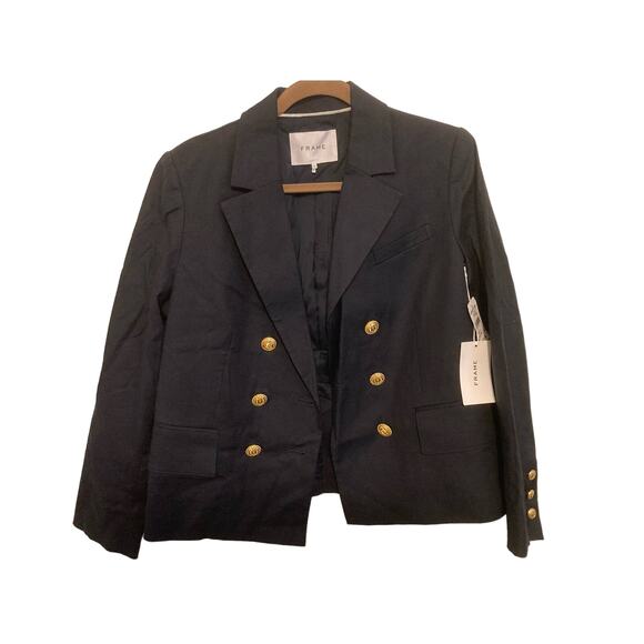 Frame Double Breasted Crop Blazer Jacket Sz 6 Navy NWT Linen Blend gold Nautical - Picture 3 of 12
